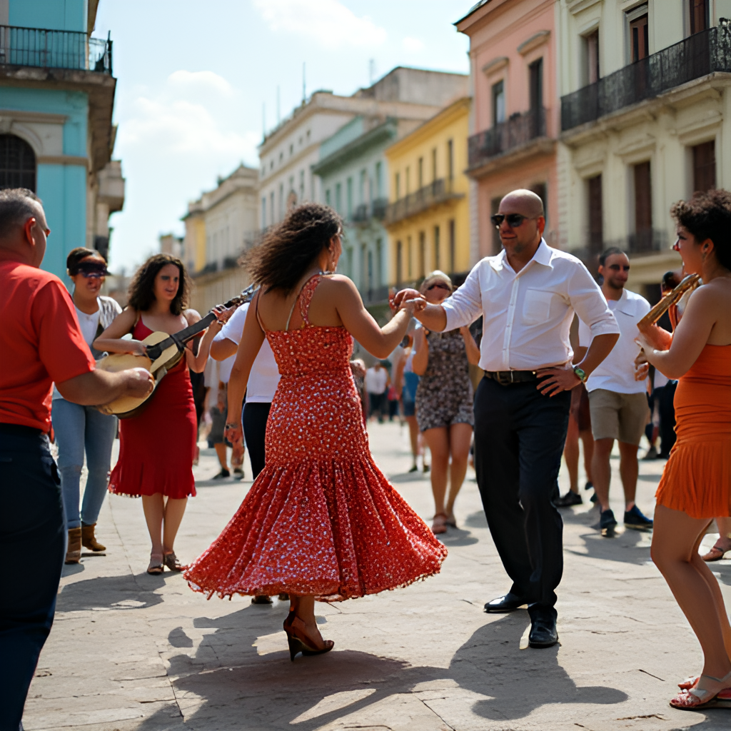 A lively scene of people dancing salsa in a public square in Havana, with musicians playing traditional Cuban instruments in the background. The image should convey the energy and joy of Cuban music and dance, with colorful buildings visible.