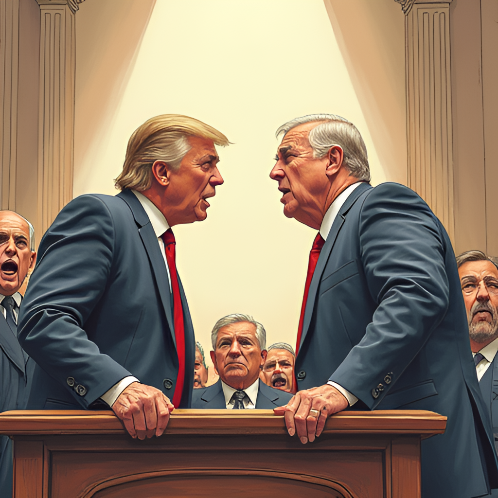 An illustrative image depicting a tense debate between two figures in a legislative setting, representing political disagreement, in a realistic drawing style.