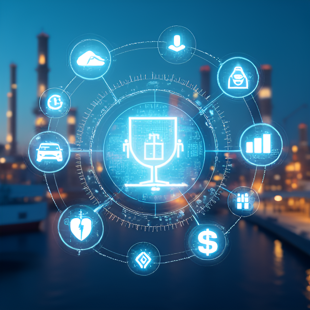 A conceptual image representing risk management in the energy sector, possibly showing data analysis or strategic planning symbols overlaid on an industrial background, emphasizing safety and efficiency. Style: Digital illustration.