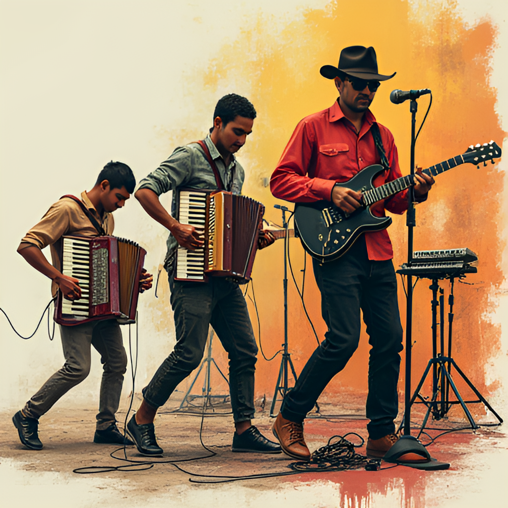 An image illustrating the evolution of forró music, perhaps a split image showing a traditional forró trio (accordion, zabumba, triangle) on one side and a modern band setup with electronic instruments on the other, representing Wesley Safadão's influence. Style: Montage or illustration.
