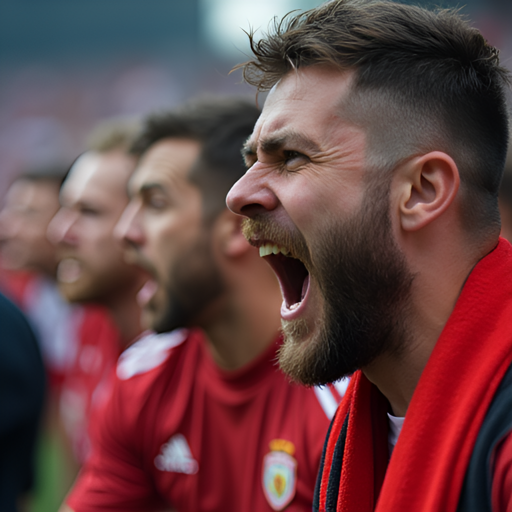 A close-up, expressive image of football fans from rival teams, showing passion and tension, perhaps with team scarves or flags visible, set against the backdrop of a stadium crowd