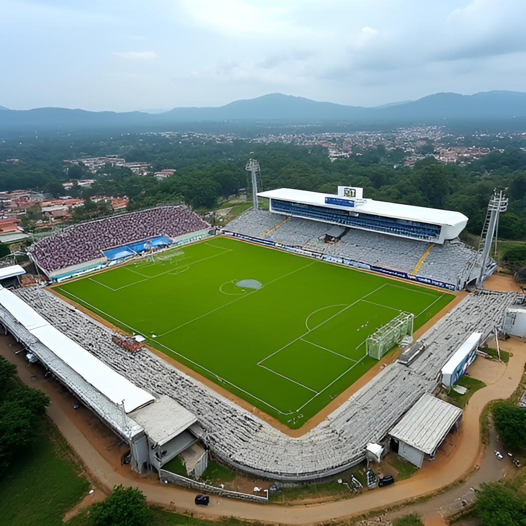An aerial view of Estádio Albino Turbay in Cianorte, Paraná, Brazil, during a match with a modest crowd in the stands, showing the pitch and surrounding infrastructure under a clear sky.