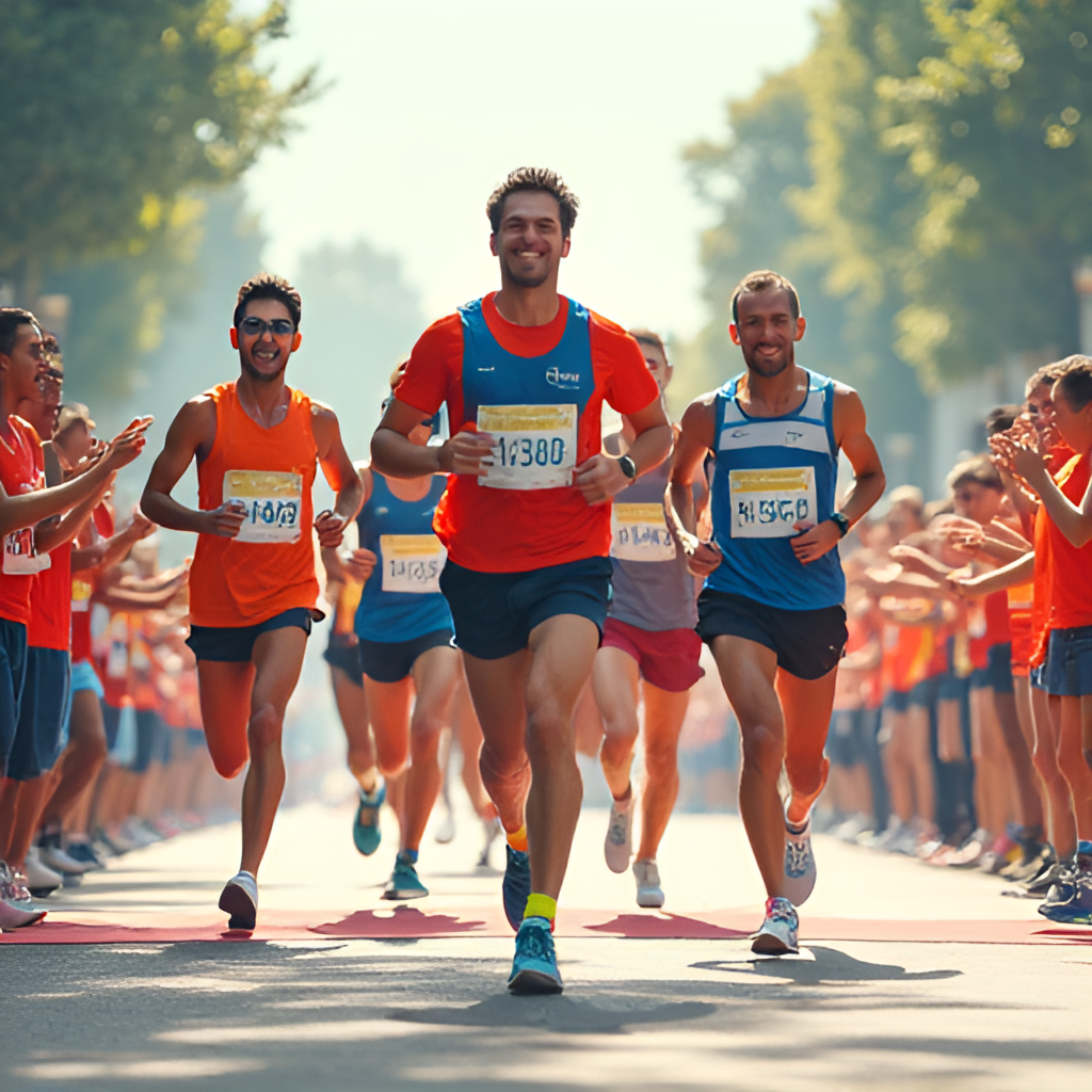 An illustrative image showing a group of diverse runners crossing a finish line with cheering crowds, emphasizing the community aspect and achievement of completing a marathon.