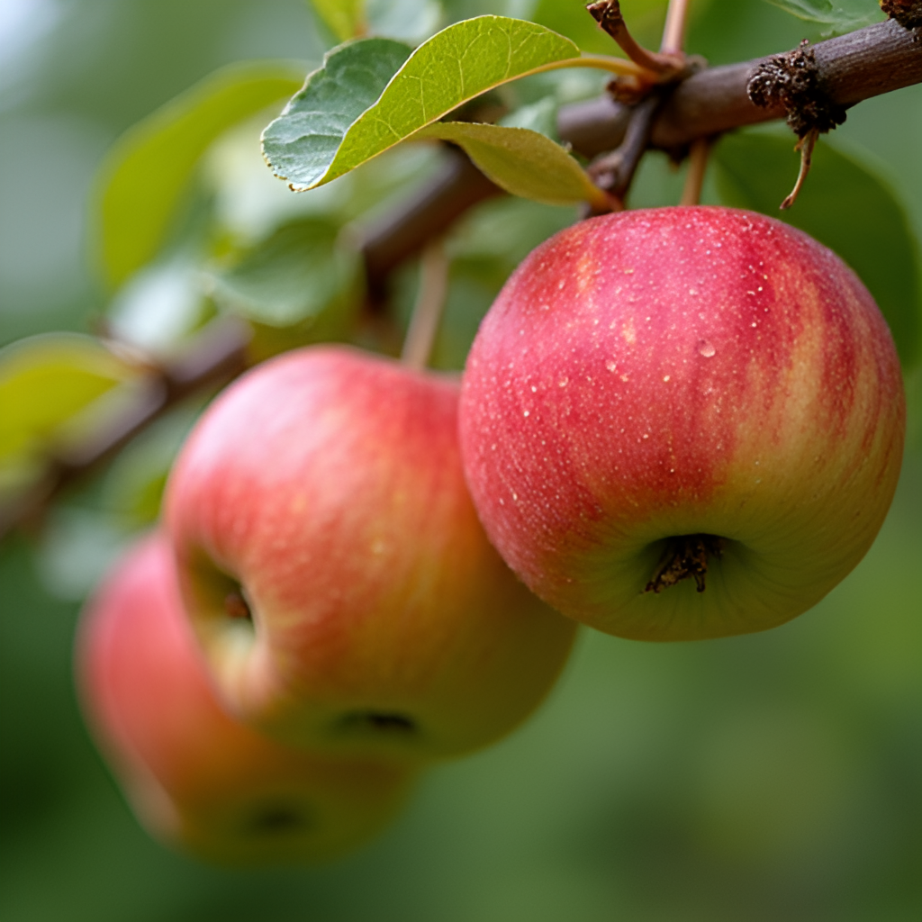 A close-up shot of ripe cider apples hanging on a tree branch, with dewdrops visible, conveying freshness and the start of the harvest season.