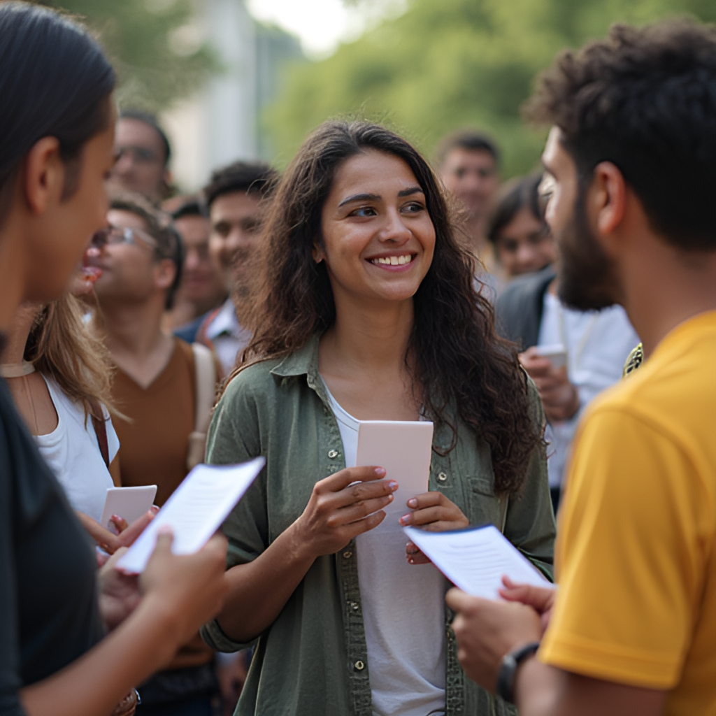 A photorealistic image depicting a diverse group of Brazilian citizens of varying ages and backgrounds, engaged in a discussion about politics or holding voter registration cards