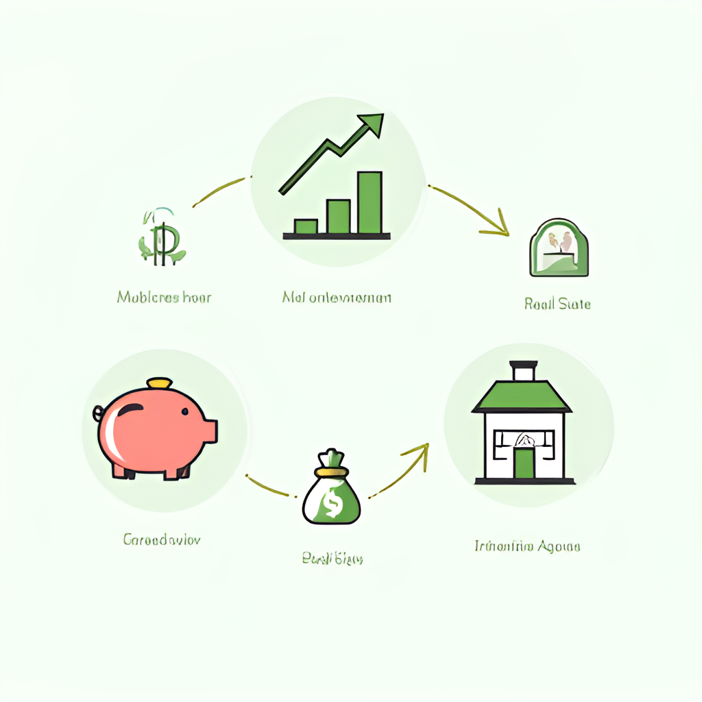 A graphic showing different investment options (like a piggy bank, stock graph, and real estate symbol) with money bags, illustrating potential uses of a large lottery prize.