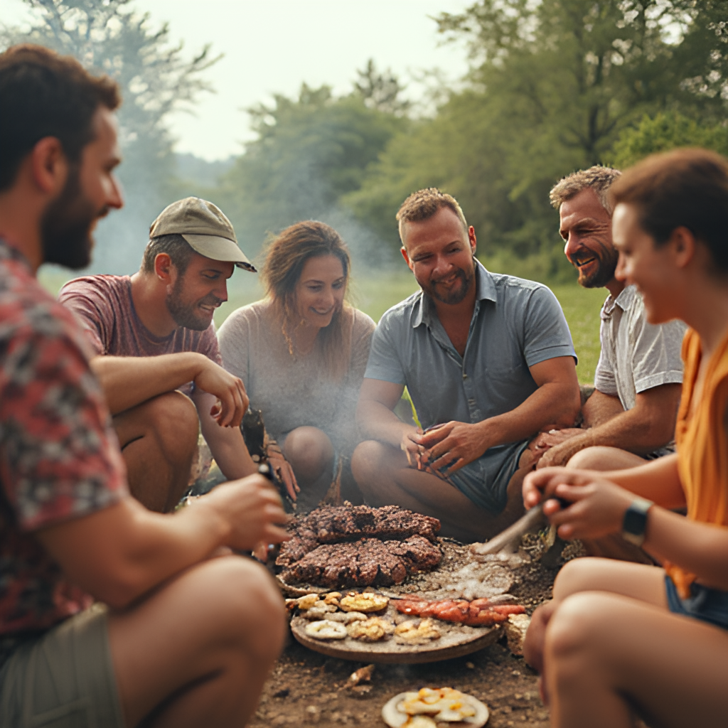 A dynamic, candid photo showing a group of people of different ages (a family or friends) enjoying a moment of leisure in a rural setting, perhaps having a barbecue, playing music (sertanejo style), or simply relaxing, highlighting the community aspect of sertanejo life. Style: candid, slightly warm filter, emphasizes human connection.