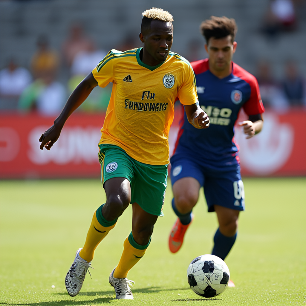 A close-up, action-packed shot of a key player from either Mamelodi Sundowns or Stellenbosch FC dribbling past an opponent, showcasing individual skill and determination during a match. The image should convey speed and agility.