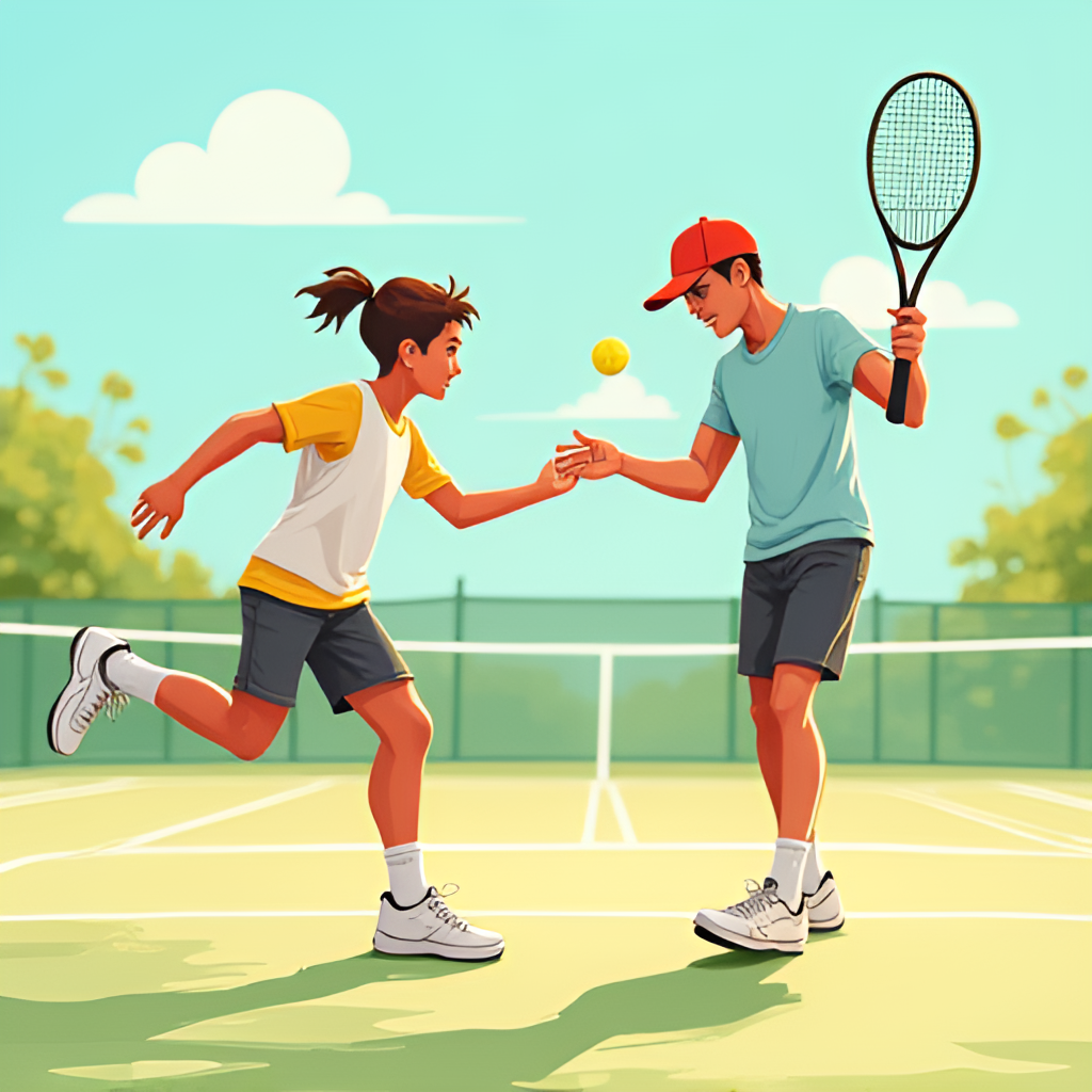 An illustrative image showing a young tennis player training with a coach on a sunny court, emphasizing technique and guidance.