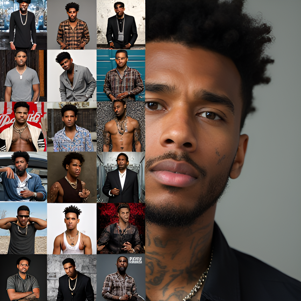 A split image, one side showing a collage of his album covers throughout the years, the other side a more recent, mature portrait of Chris Brown.