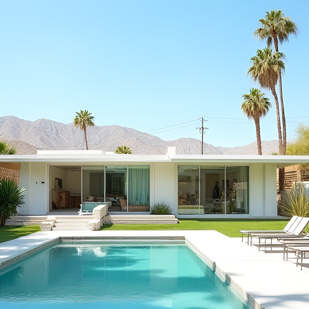 A stylish photo of a mid-century modern house in Palm Springs with clean lines, large glass windows, a flat roof, and a swimming pool, set against a backdrop of palm trees and mountains.