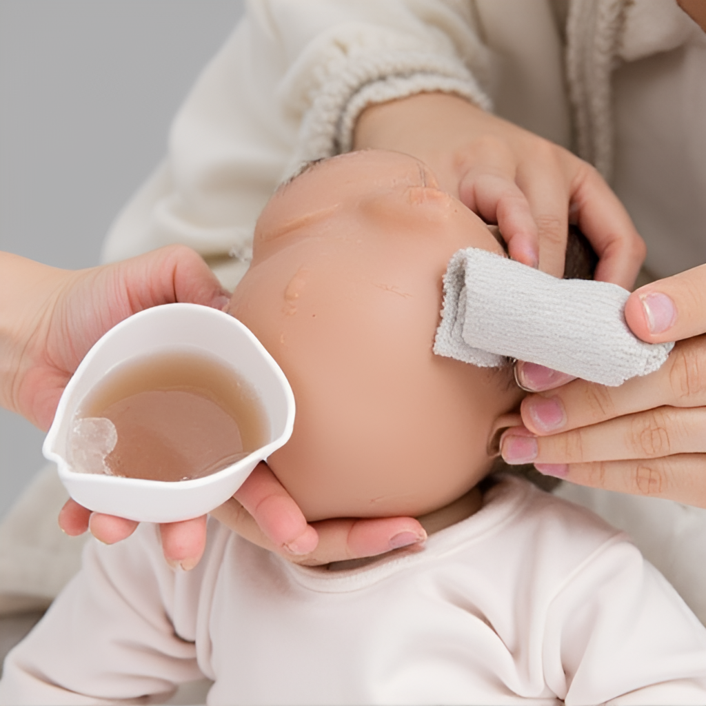 An image illustrating the care process of a reborn doll, showing someone gently cleaning the doll's face with a soft cloth and a small bowl of water, emphasizing delicate handling.