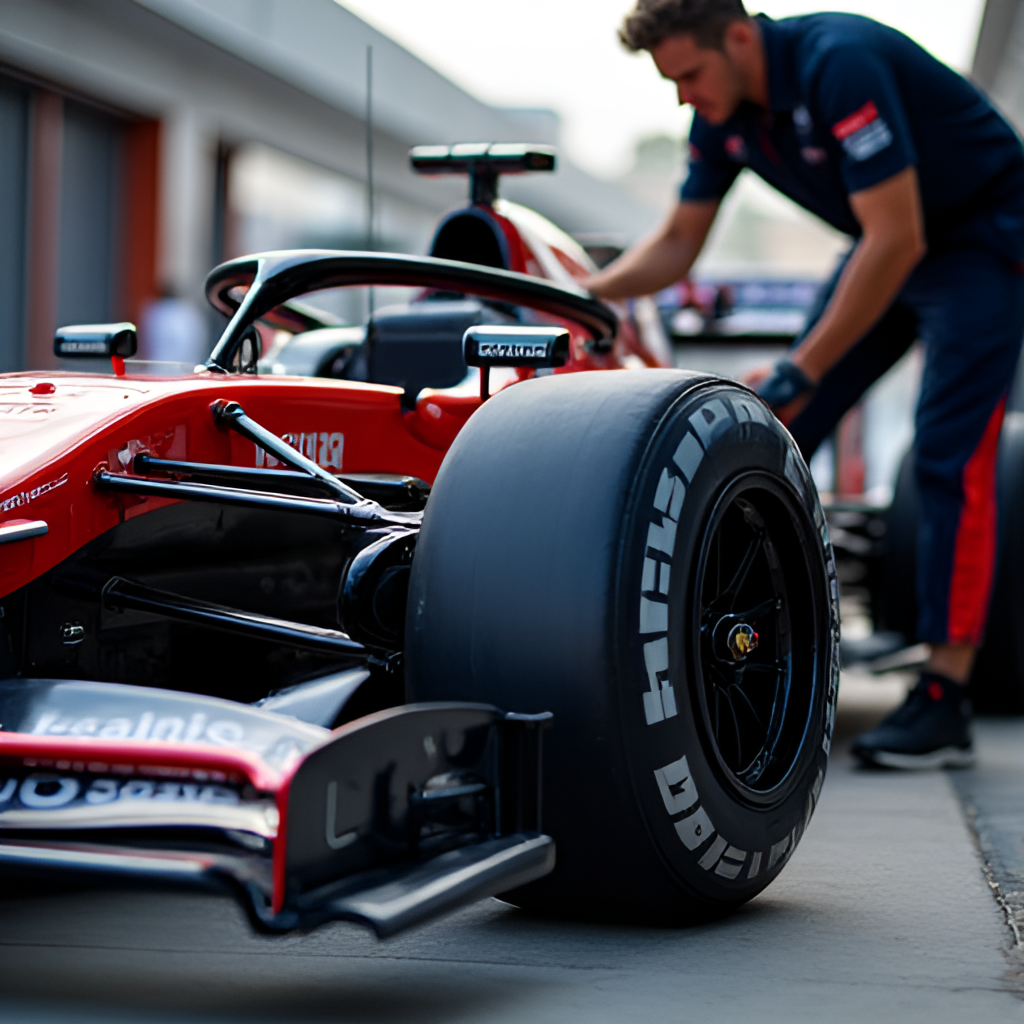 Close-up shot of a Formula 3 car's front wheel and suspension, showing technical details, with a pit crew member in the background adjusting something, focus on the engineering
