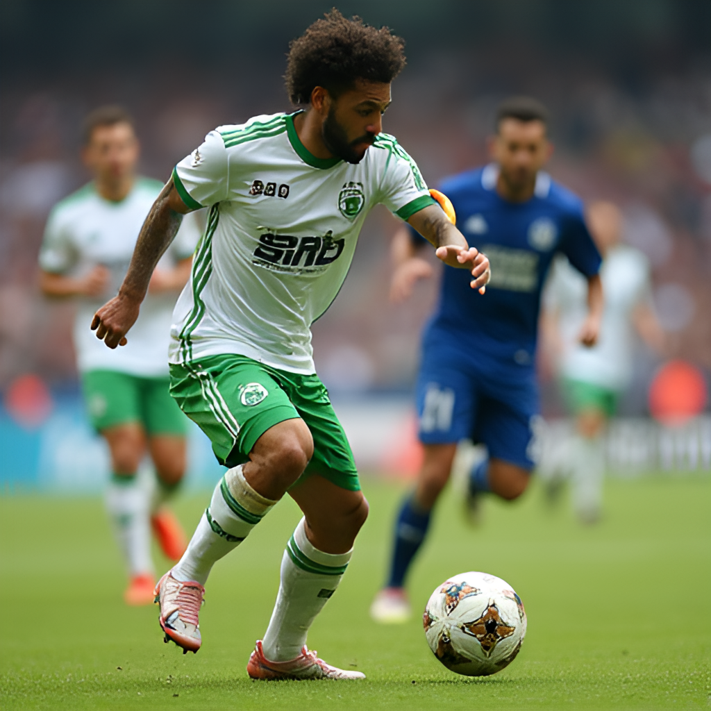 A close-up shot of a football player from either AVS SAD or Moreirense in action, dribbling or attempting a shot, conveying the intensity of the match with blurred background.