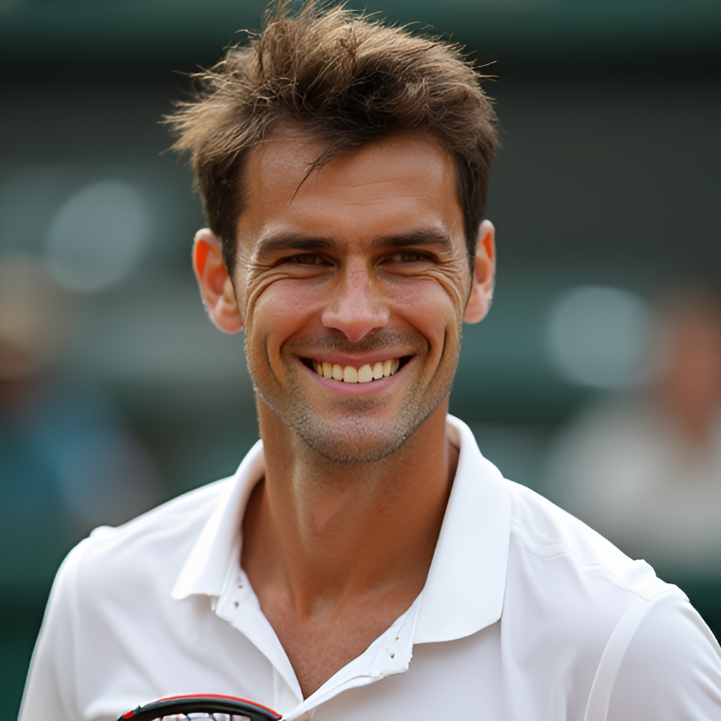 A portrait photo of Giulio Zeppieri smiling or looking determined, possibly holding a tennis racket, conveying his personality and youthfulness.