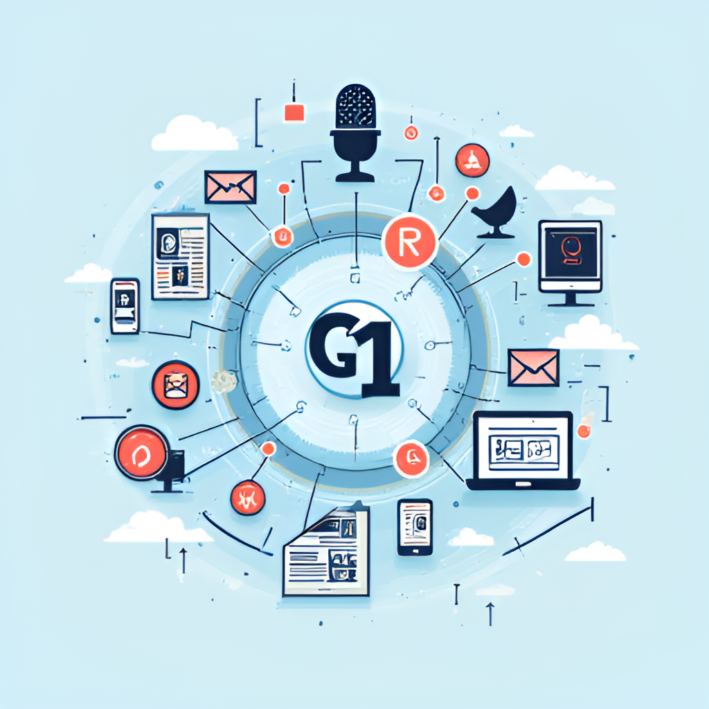 A conceptual illustration depicting the flow of information from different sources (represented by icons like microphones, cameras, newspapers) converging into the G1 portal, symbolized as a central hub or a digital stream, emphasizing its role as an aggregator and producer of news.