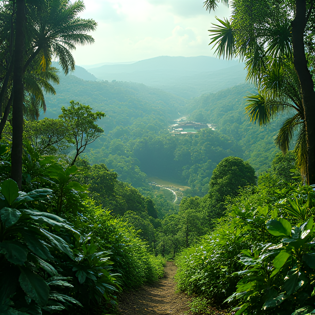 An image depicting a lush Amazon rainforest landscape with subtle elements hinting at conservation efforts, perhaps a small research station or protected area sign visible in the distance, vibrant and natural photography style
