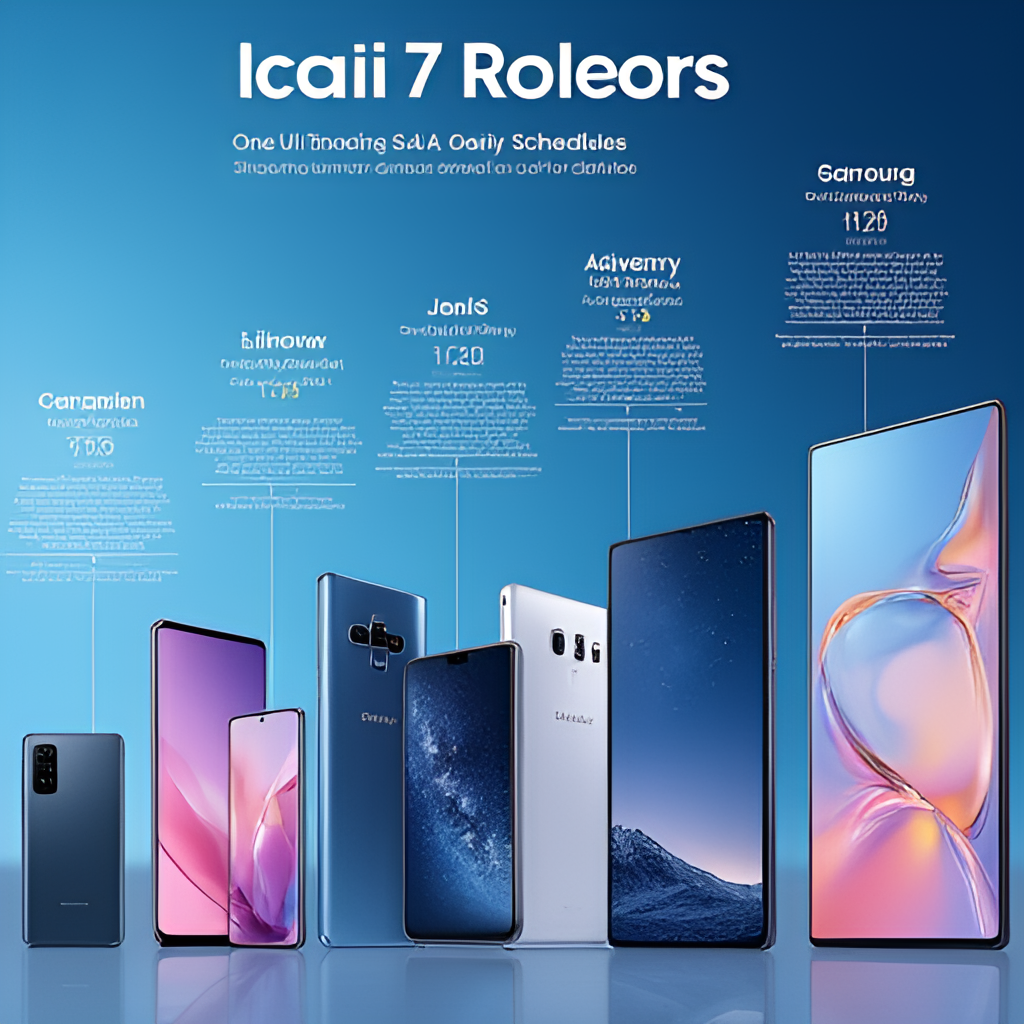 Photo-realistic render of a timeline graphic showing key dates or phases of the One UI 7 rollout, with different Galaxy phone models pictured alongside, indicating the phased release schedule across regions and device tiers.