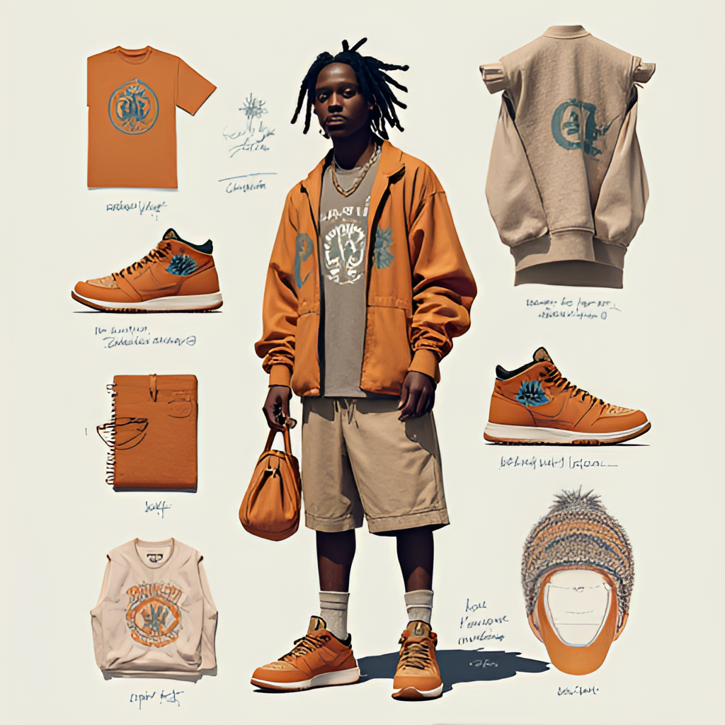 A conceptual image representing Travis Scott's brand influence, showing the Cactus Jack logo integrated into various elements like sneakers, fashion items, and possibly a subtle nod to a stage or festival setting.
