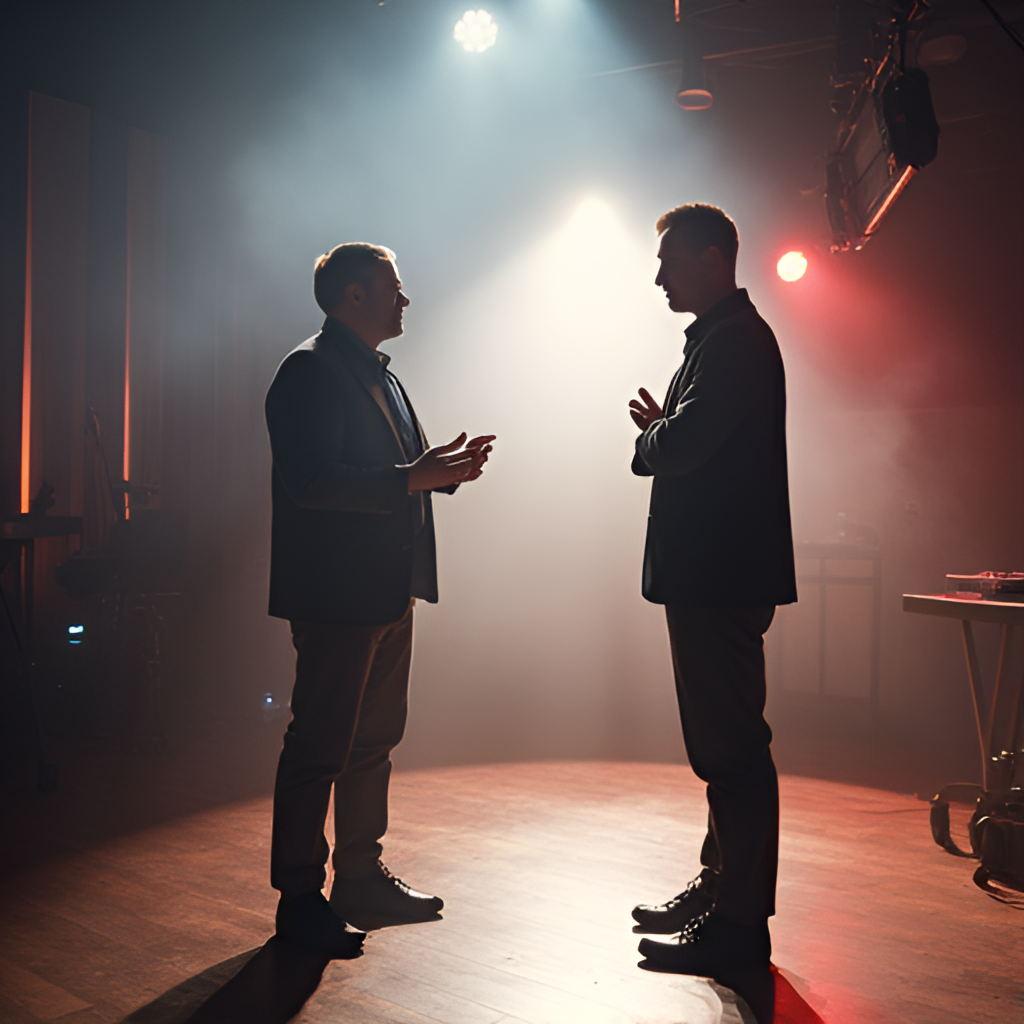 A composite image illustrating the dynamic relationship between a director and a performer on a brightly lit television set from the 1990s. One figure stands behind the scenes or giving instructions, while the other is in the spotlight, capturing the energy and tension of their collaboration.