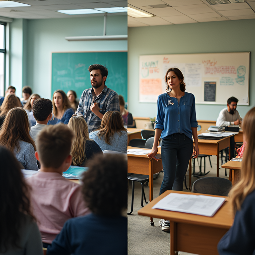 A split image showing contrasting scenes: one side depicts a busy, overcrowded classroom with a teacher struggling to manage, and the other side shows a more ideal classroom setting with engaged students and adequate resources, illustrating the need for better working conditions in the Federal District.
