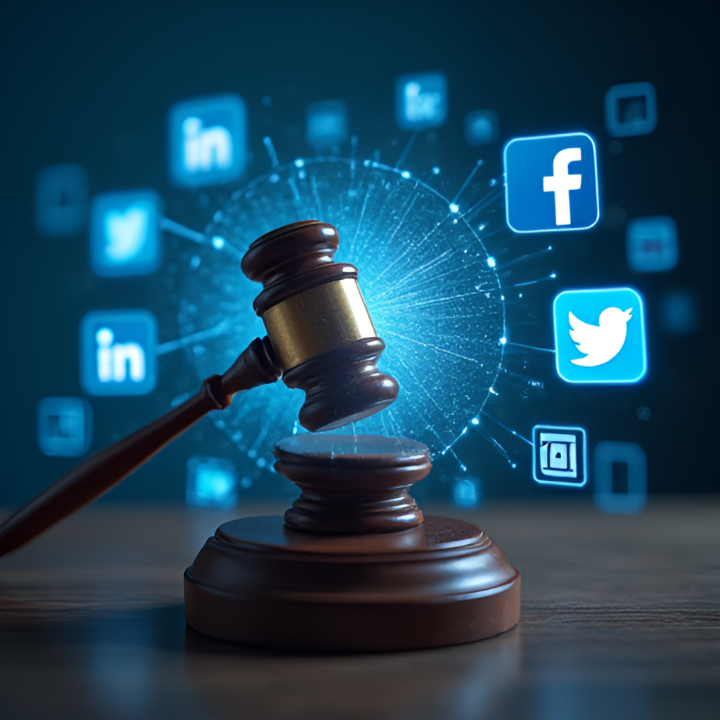A conceptual image showing a court gavel striking a digital screen displaying social media logos, representing the intersection of judicial decisions and technology platforms, with both Brazilian and US elements subtly included.