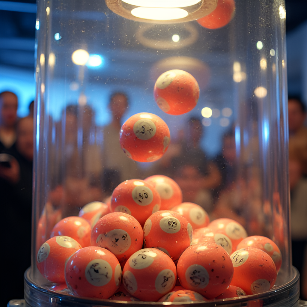 A dynamic photo of lottery balls being mixed inside a transparent lottery machine during a drawing, with blurred figures of people watching in the background, conveying the excitement of a live lottery event.