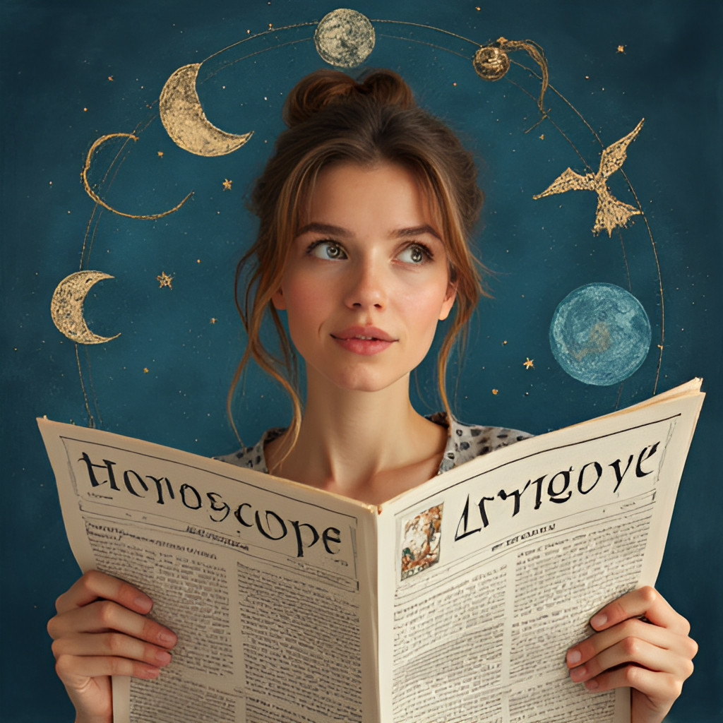A person reading a newspaper horoscope with a thoughtful or curious expression, perhaps with a stylized representation of zodiac signs or constellations in the background, suggesting daily life connection.