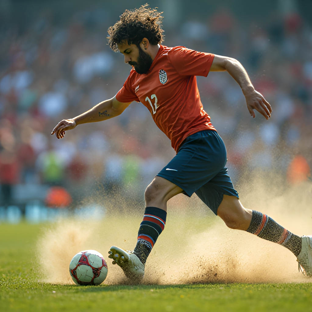 A close-up, action-oriented photo of a football player striking a ball with power, showing motion blur and intense focus.