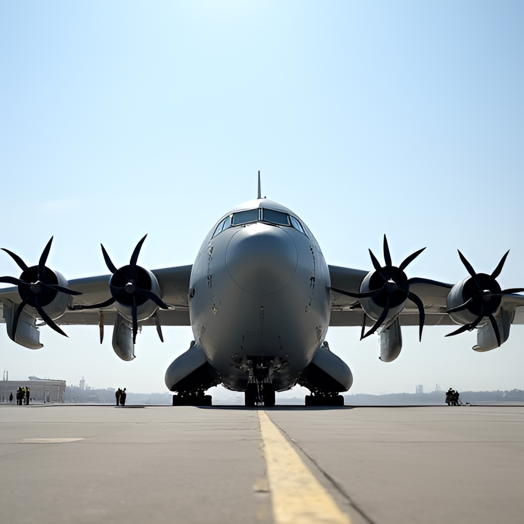 A ground-level perspective of a Russian Tupolev Tu-95MS bomber on an airfield, highlighting its powerful Kuznetsov NK-12 turboprop engines and multi-bladed contra-rotating propellers, with ground crew visible for scale.