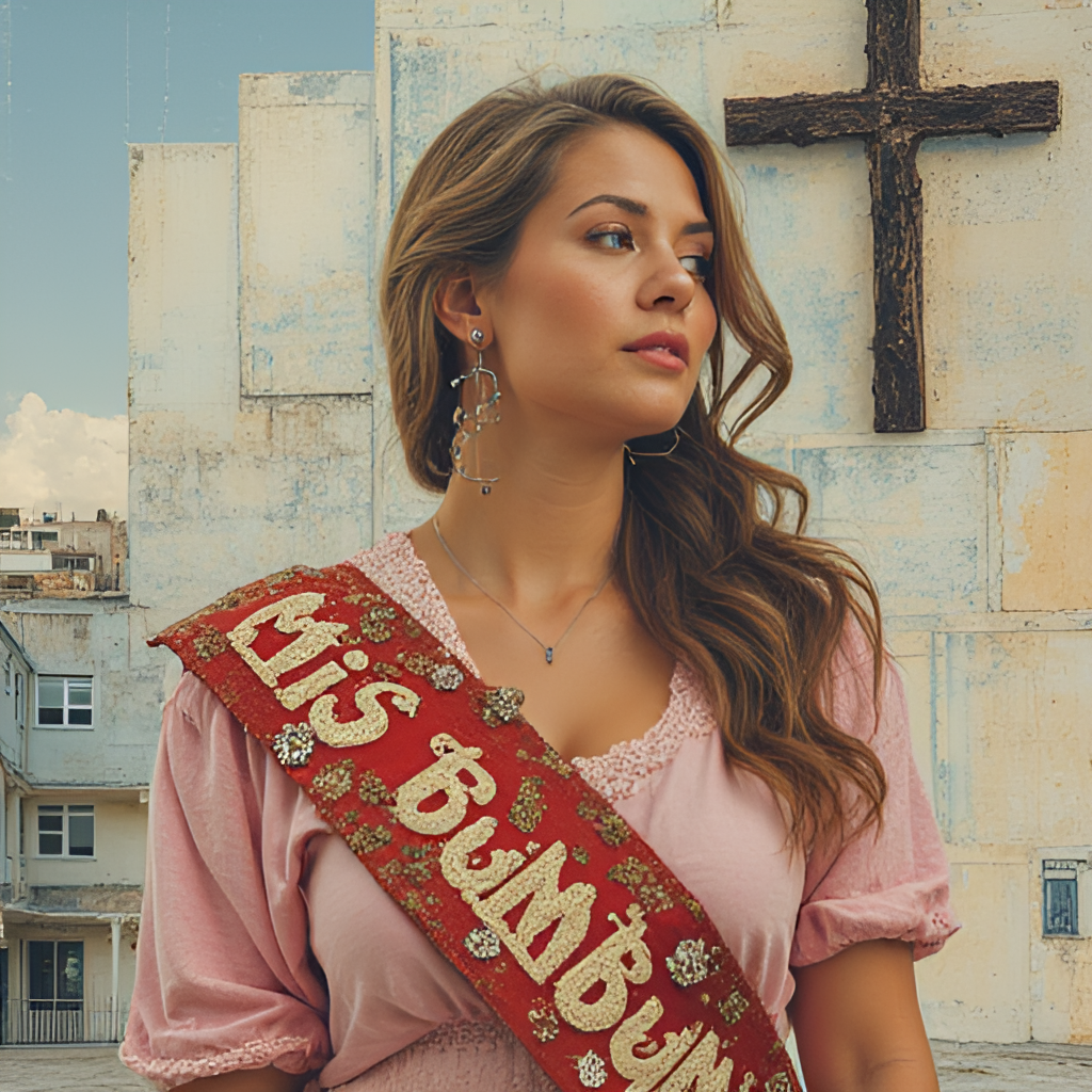 A dynamic composite image representing the different phases of Andressa Urach's life, perhaps with elements hinting at glamour (Miss Bumbum sash), vulnerability (hospital setting), faith (a cross or church window), and current ventures (a phone with a social media icon). Style: Collage or mixed media, symbolic.