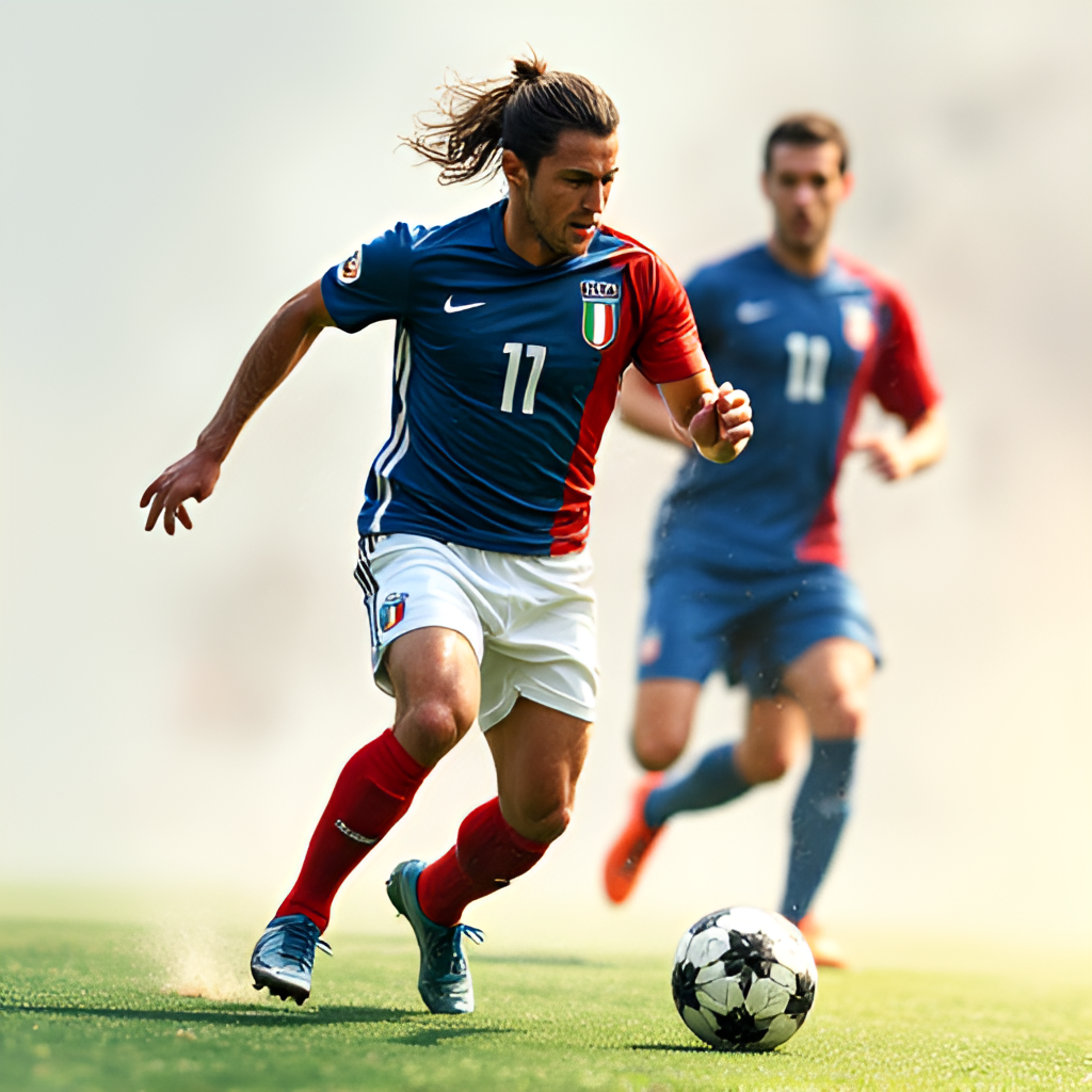 An illustration of Mateo Retegui in the Italy national team kit, dribbling the ball past defenders, emphasizing his movement and strength, in a vibrant, slightly stylized digital art format.