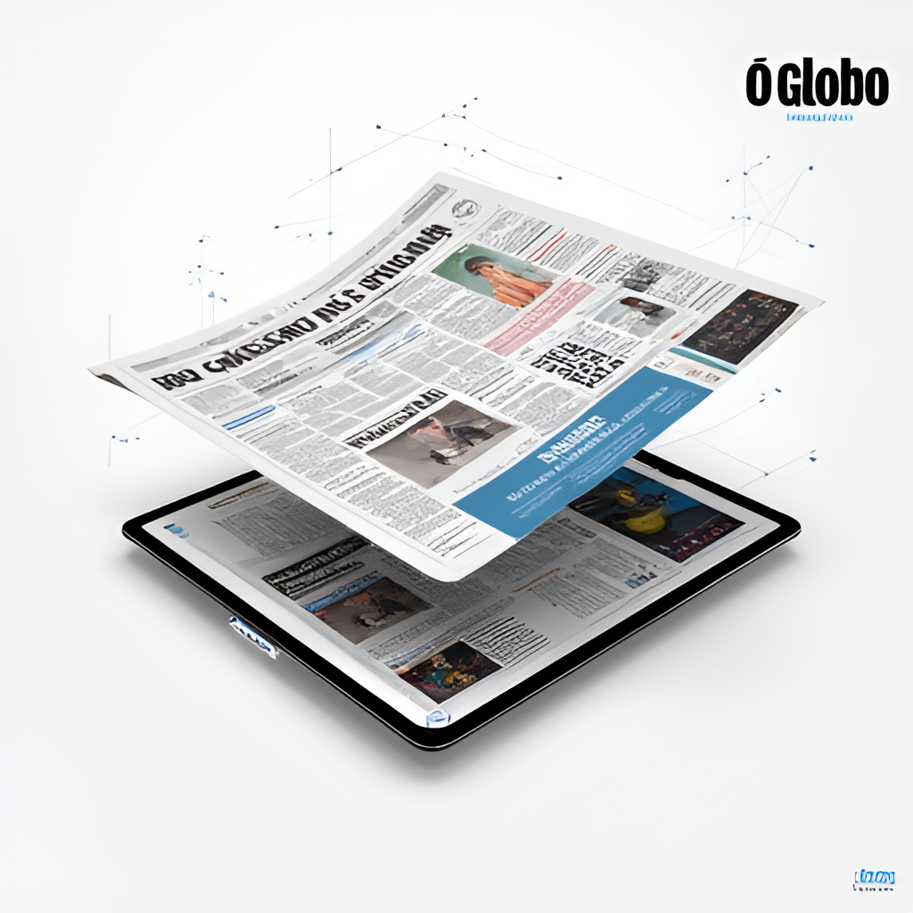 A modern, dynamic image illustrating the digital transformation of O Globo, showing a collage of a newspaper page transitioning into a tablet or smartphone screen displaying the O Globo website or app, with subtle network lines connecting various platforms (news, streaming, social media).