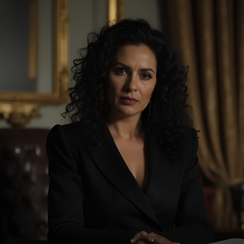 A dramatic, slightly mysterious image of Beatriz Segall as Odete Roitman, looking imperious in a formal setting, perhaps an office or a luxurious apartment, hinting at her power and villainy.
