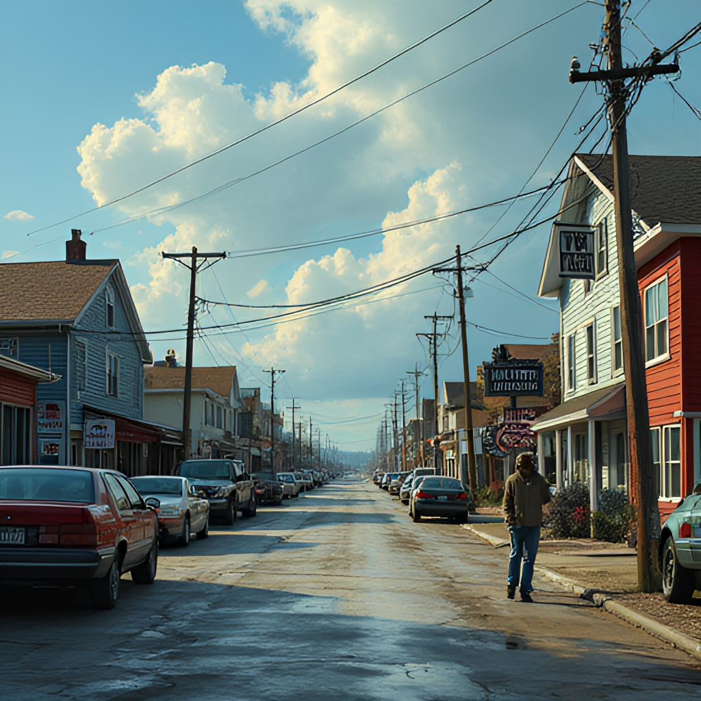 A scene depicting the fictional town of Havenport, North Carolina, where the 'O Pier' series is set, perhaps showing the waterfront or fishing industry elements, with a hint of underlying tension.