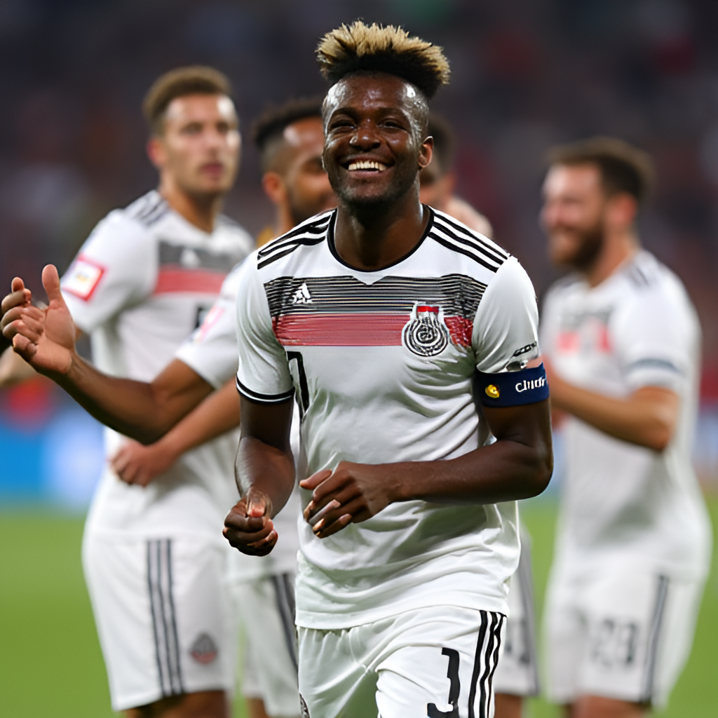 Jamal Musiala celebrating a goal for the German national team during Euro 2024, surrounded by teammates, showing clear emotion and joy.