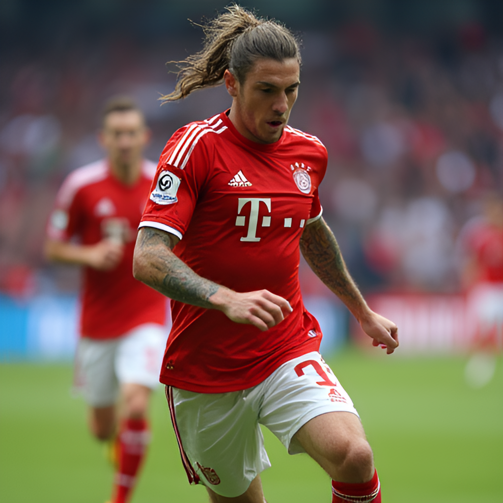 A dynamic, close-up action shot of a key player (e.g., striker, midfielder) from a well-known Bundesliga club in a match, showing intense focus and skill, with blurred background of the stadium.
