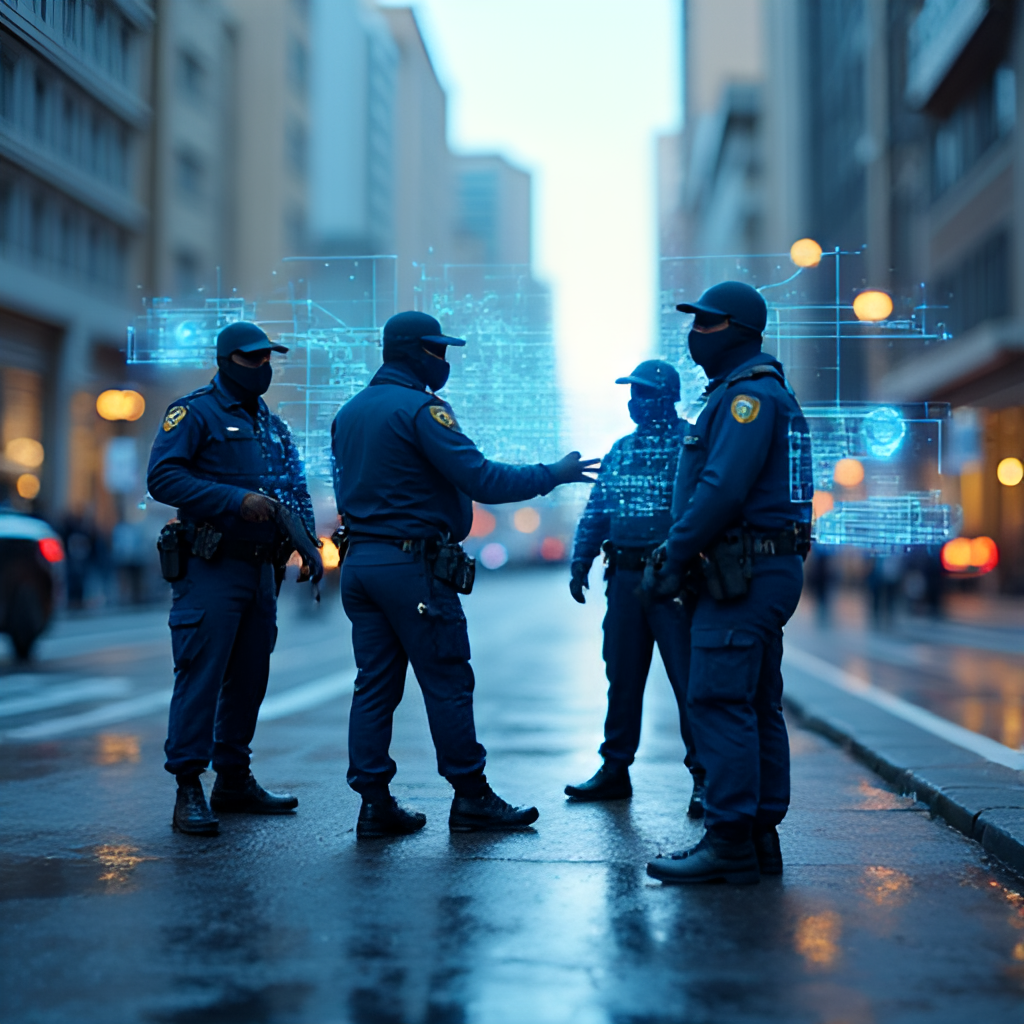 An image symbolizing integrated public security efforts, possibly showing police officers from different forces (represented generically, not specific uniforms) collaborating on a map or digital interface, conveying strategy and coordination against crime in a Brazilian urban context.
